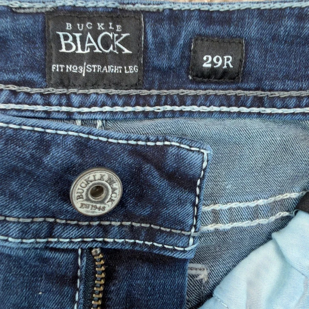 Buckle Black Fit No 3 Straight Leg Jeans Mens 29R Dark Wash Contrast Stitch Blue